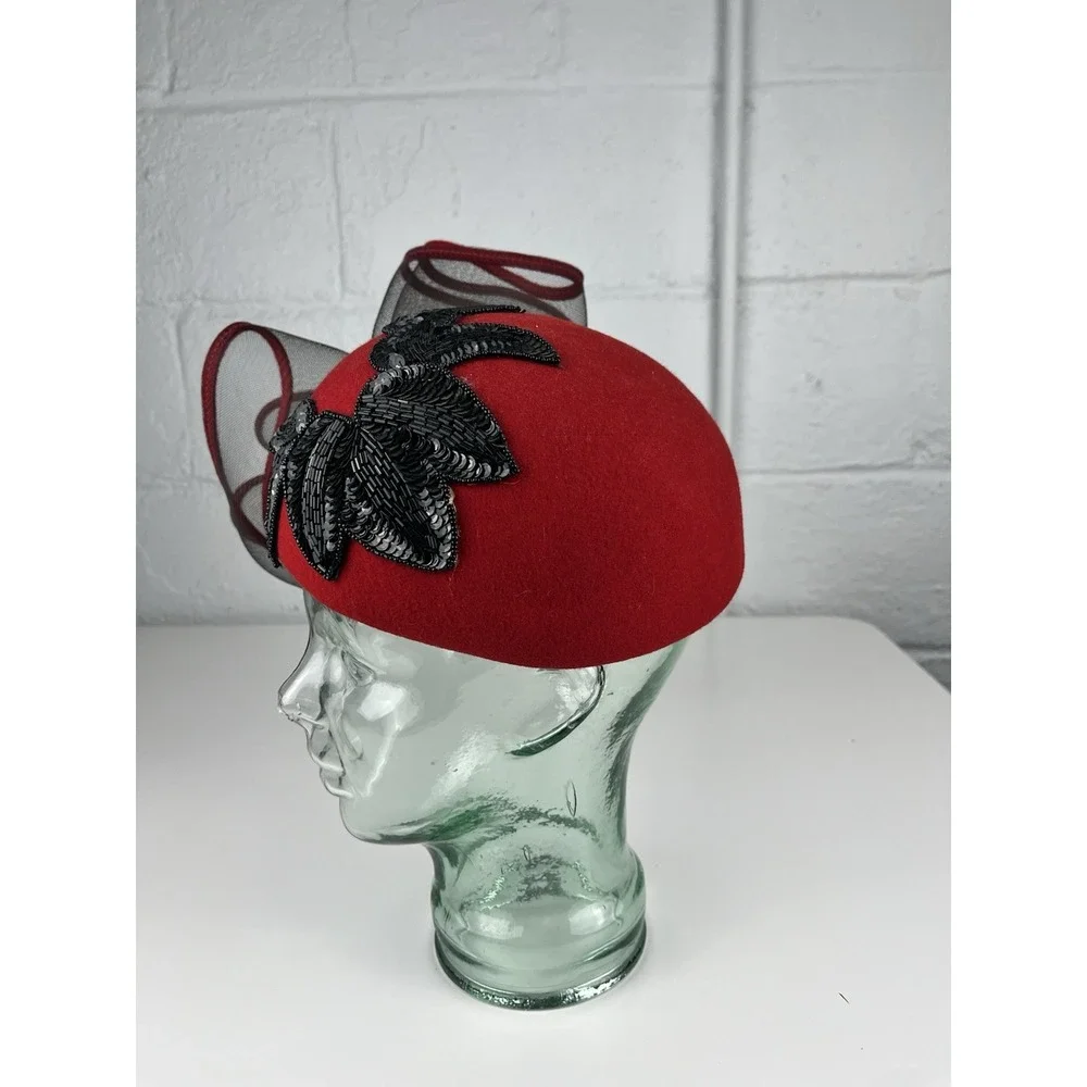VINTAGE Red Black Fascinator Cocktail Hat Sequin Beaded Leaves Church Hat Wool